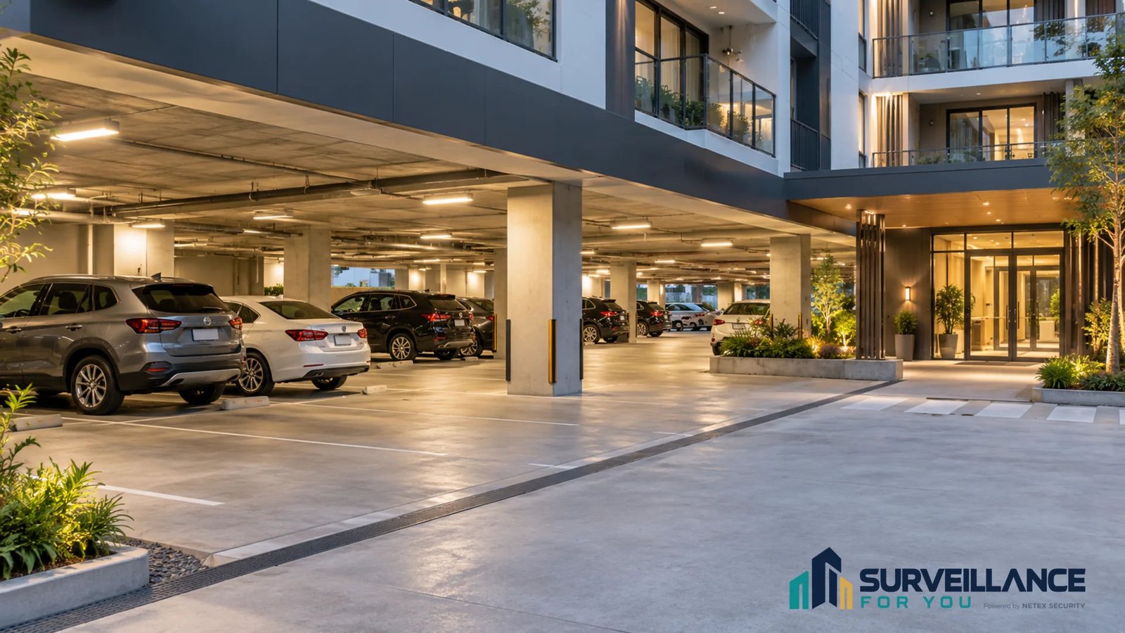 Illustration of a residential parking area next to an illuminated building entrance.