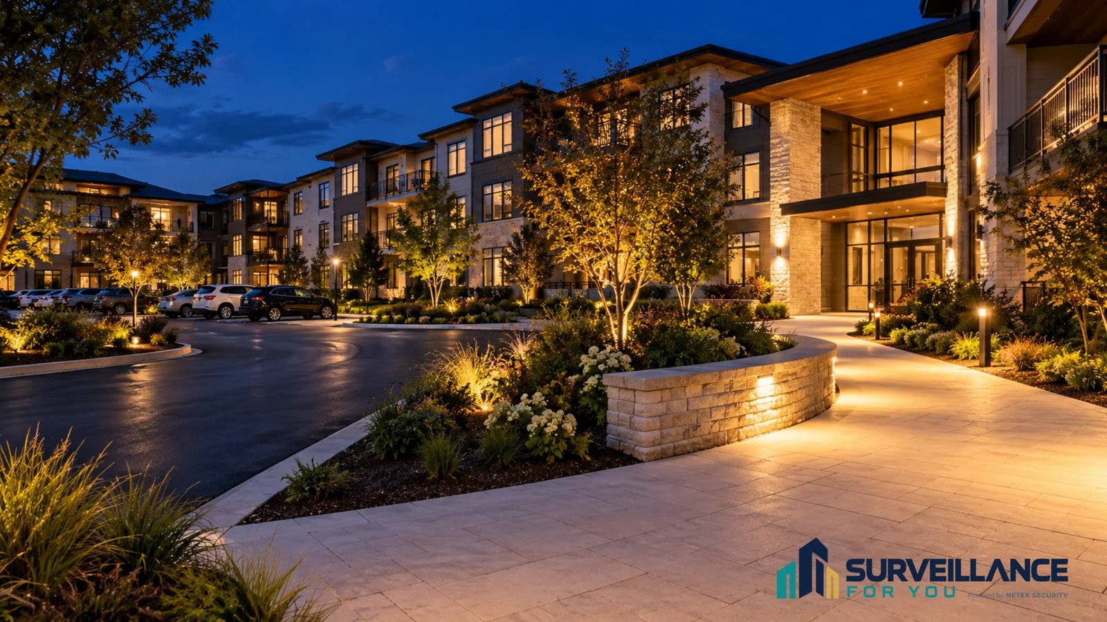 Illustration of apartment entrances, walkways and parking areas illuminated at night.
