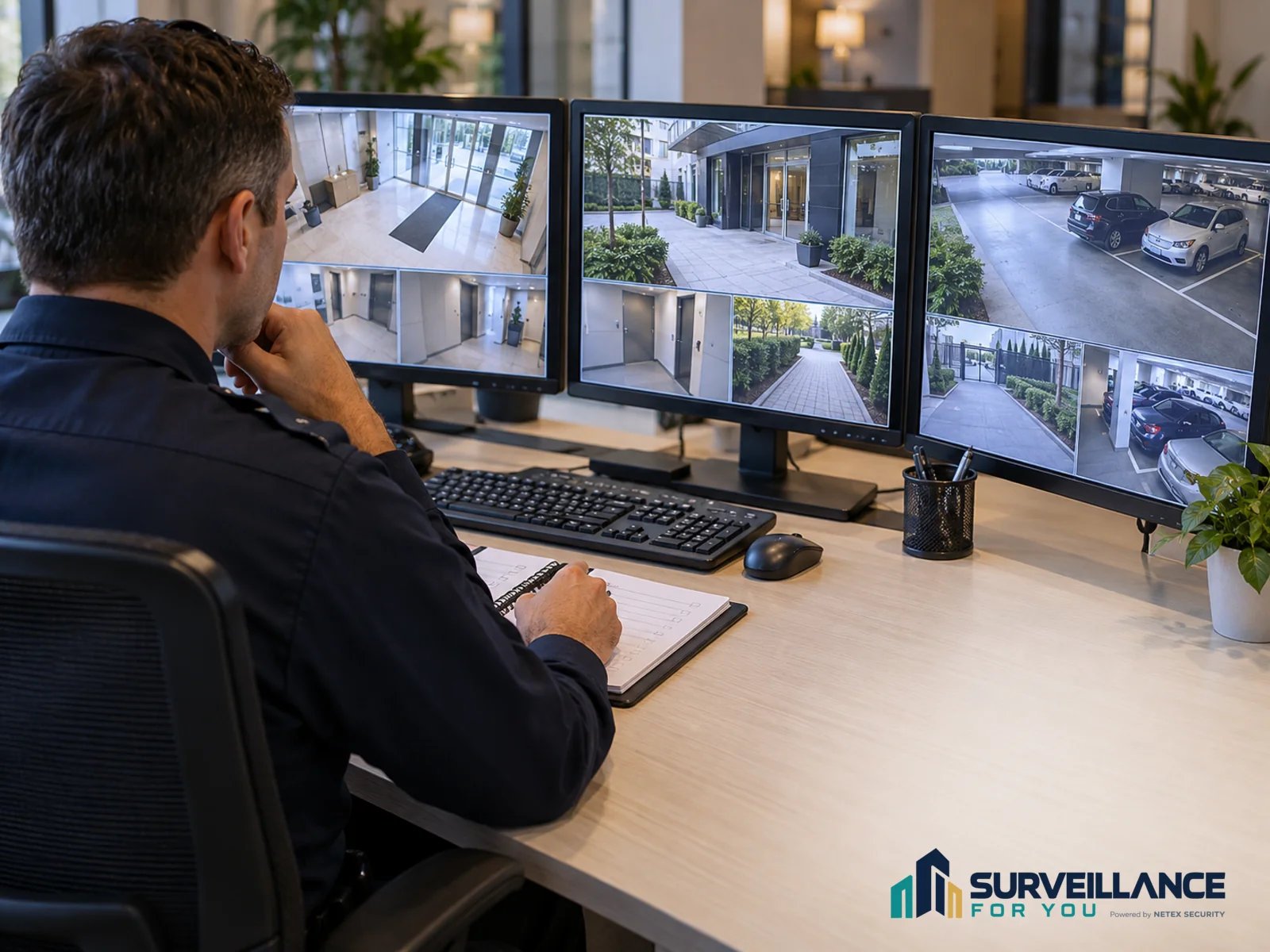 Conceptual illustration of an operator reviewing residential camera views and taking notes.