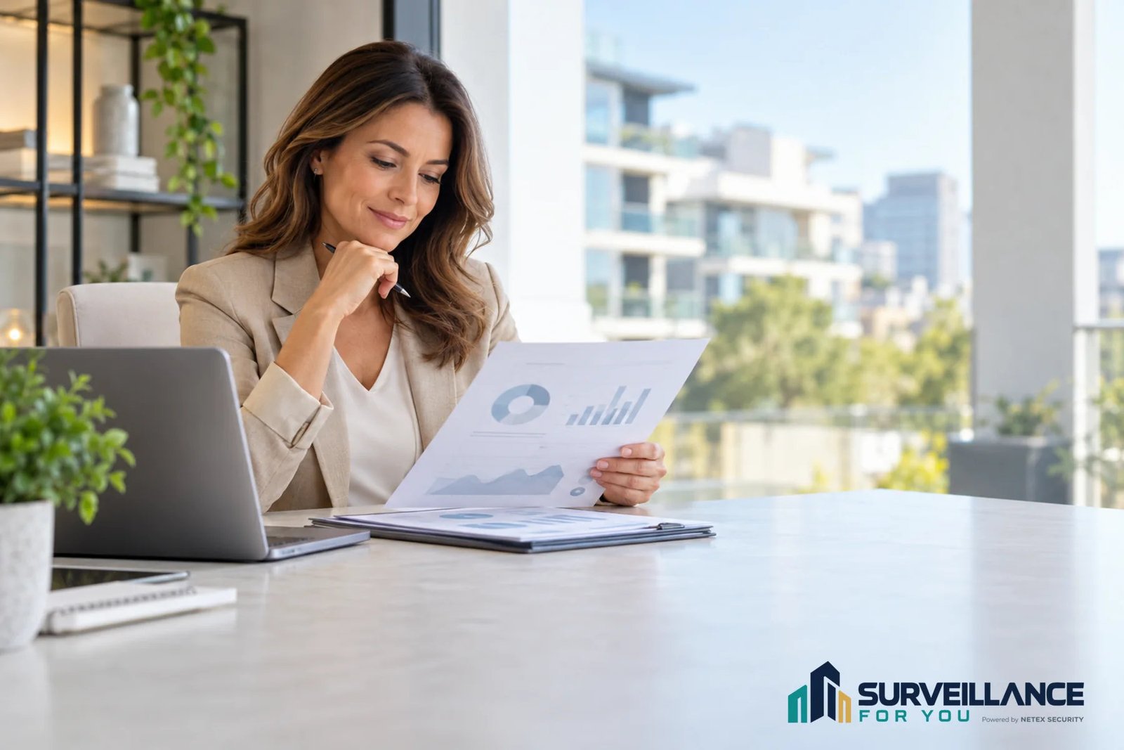 Conceptual illustration of a property manager reviewing a printed activity report.